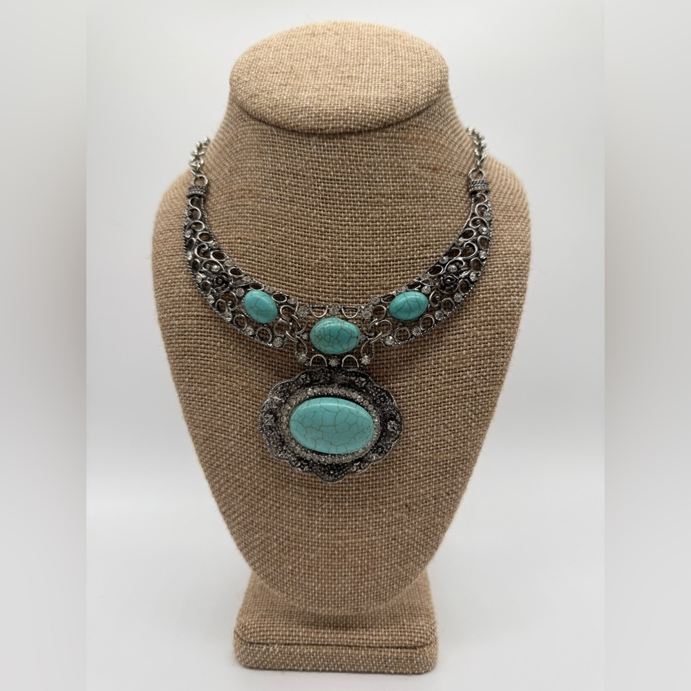 Vintage Turquoise Color & Rhinestones Necklace, Large Pendant, Nani’s Collection